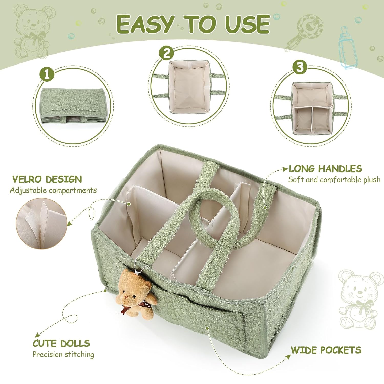 Teenyyou 2 Pcs Baby Diaper Caddy with Handle and Doll Ornament