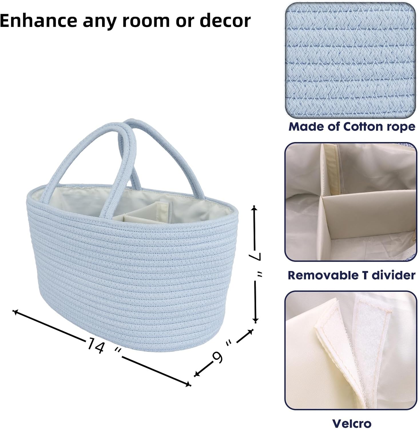 JUNBOLE Diaper Caddy Organizer with Cotton Rope and Removable Dividers