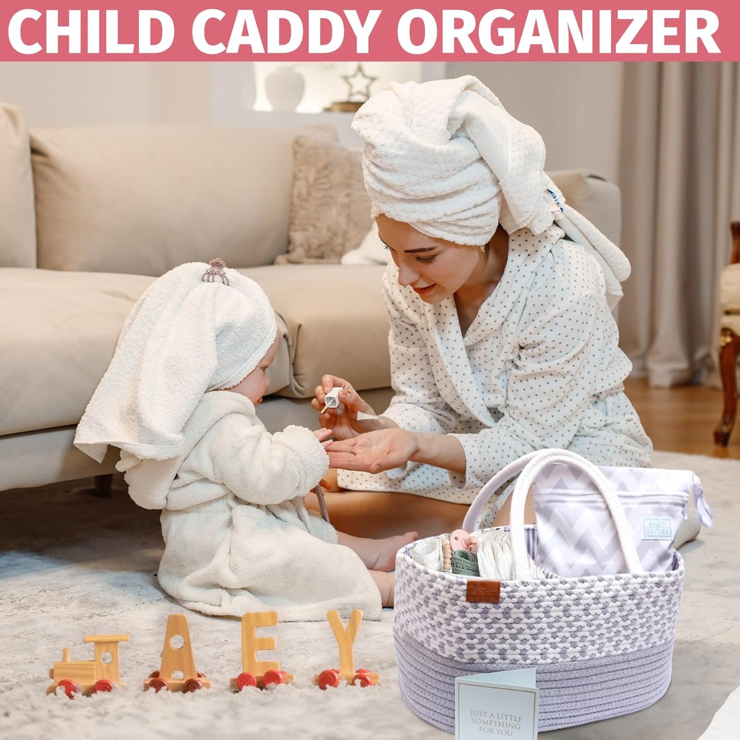 Unisex Diaper Caddy Organizer with Wet Dry Bag and Greeting Card