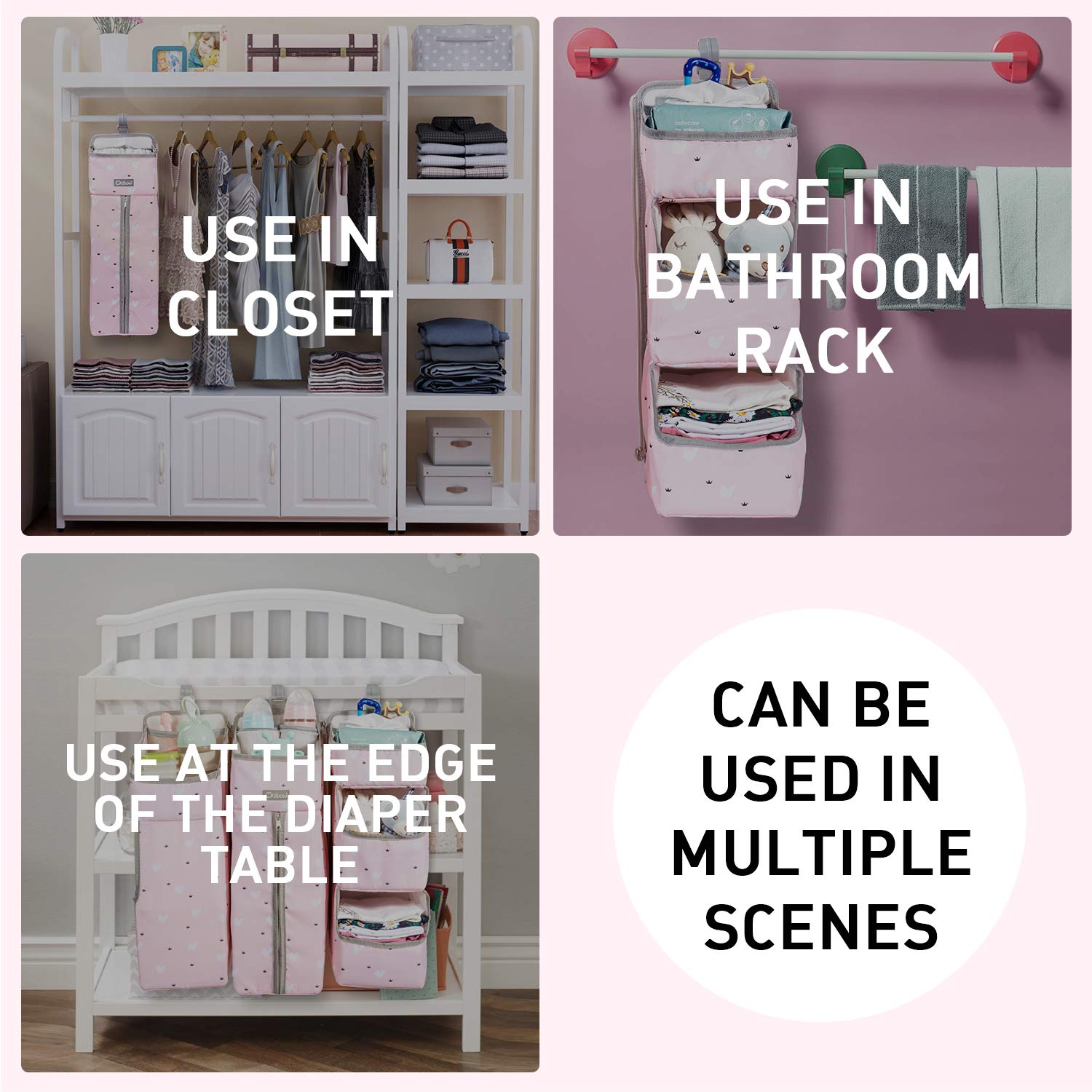 Orzbow 3-in-1 Hanging Diaper Caddy Organizer Pink