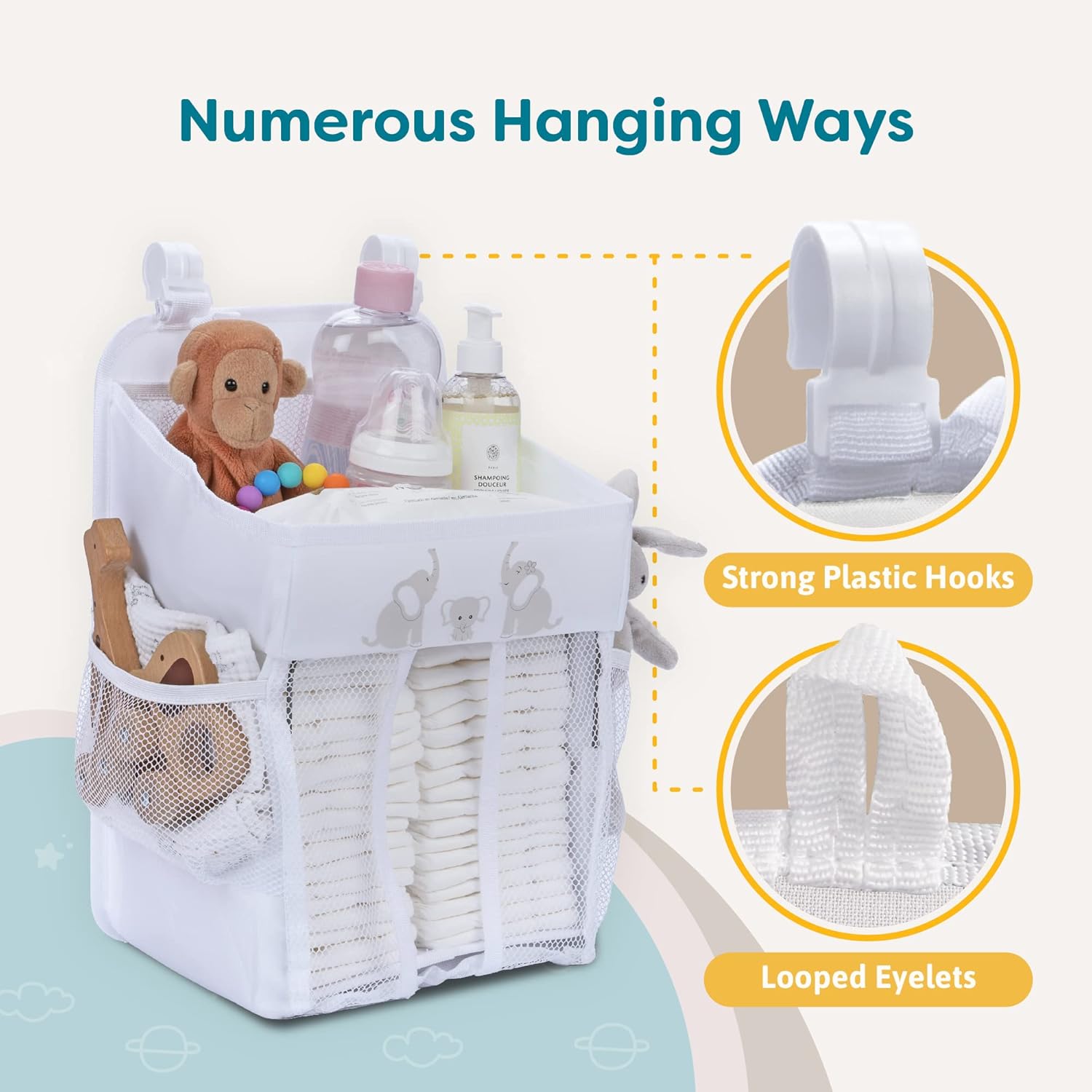 CRADLE STAR Hanging Diaper Caddy Organizer - 50 Diapers 17x9x9 Inches White