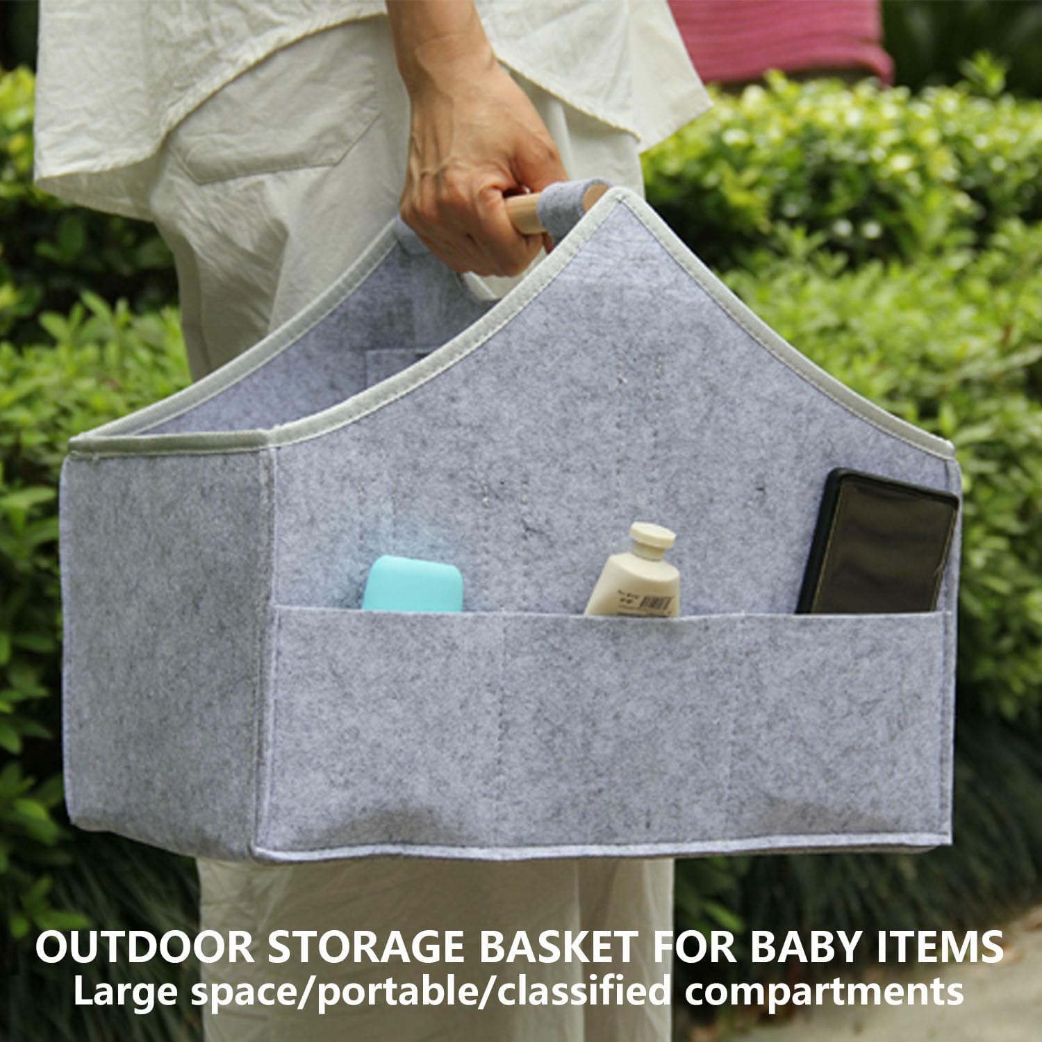 Baby Diaper Caddy Organizer with Solid Wood Handle and Detachable Pockets Grey