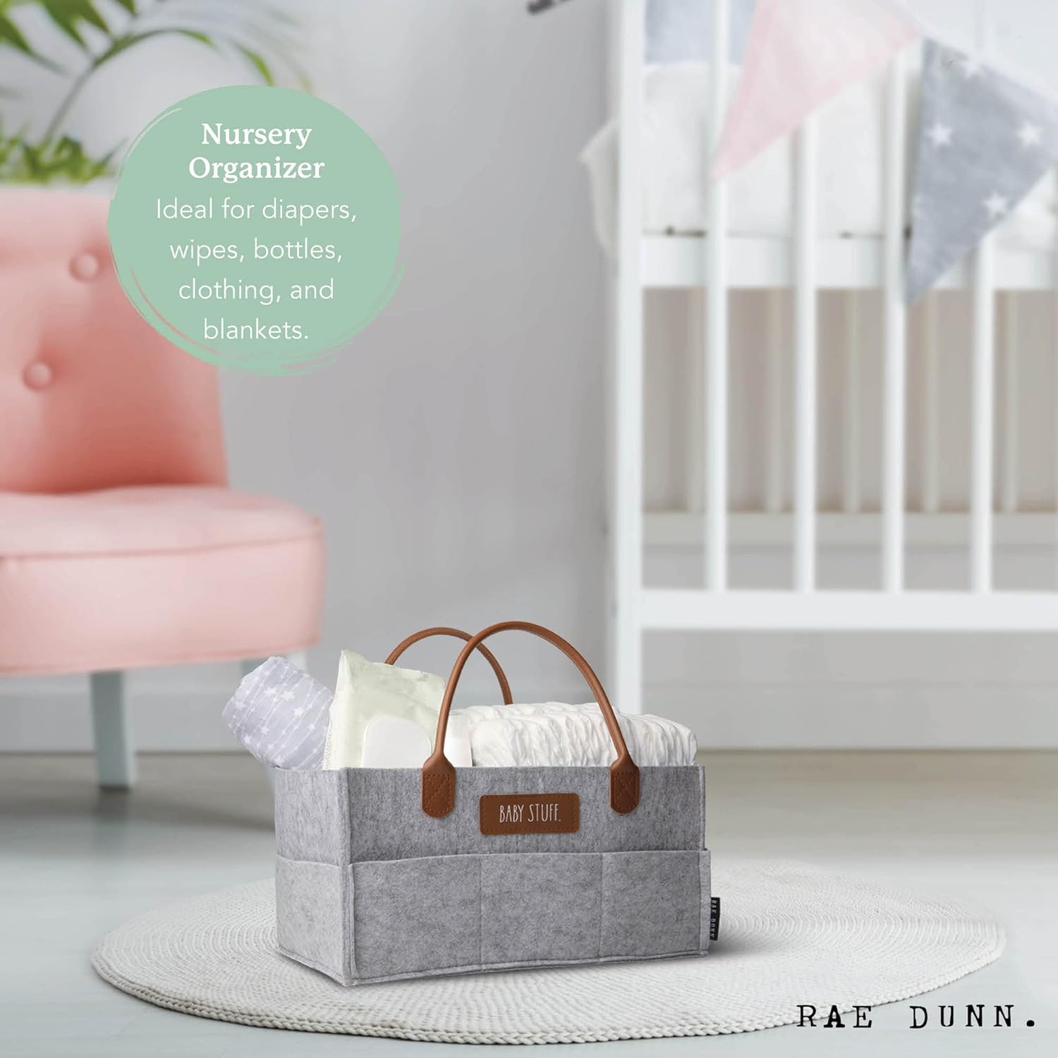Rae Dunn Baby Diaper Caddy Organizer Grey Felt With Leather Handles
