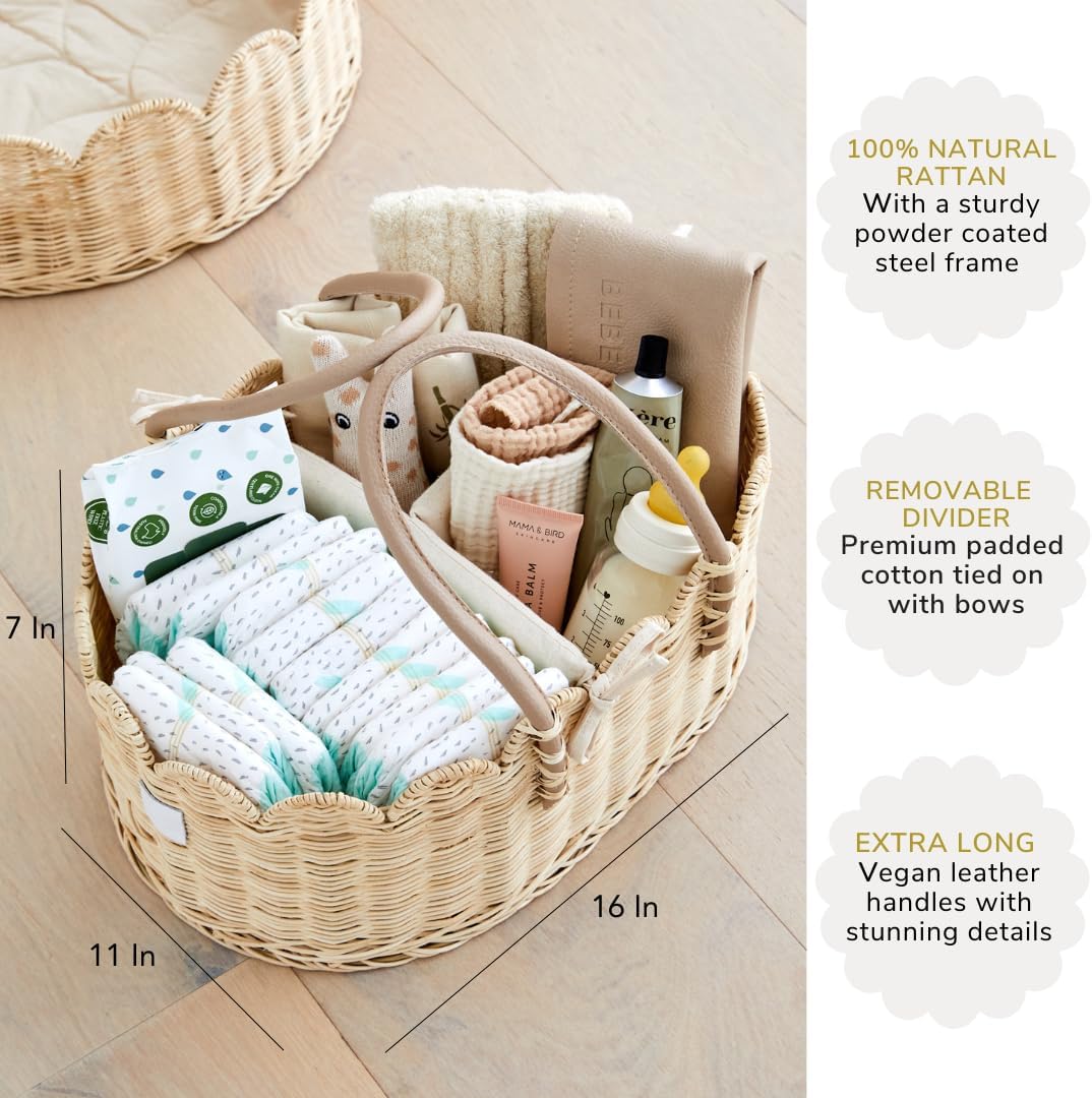 Premium Baby Diaper Caddy Organizer - Natural Scalloped Rattan 1