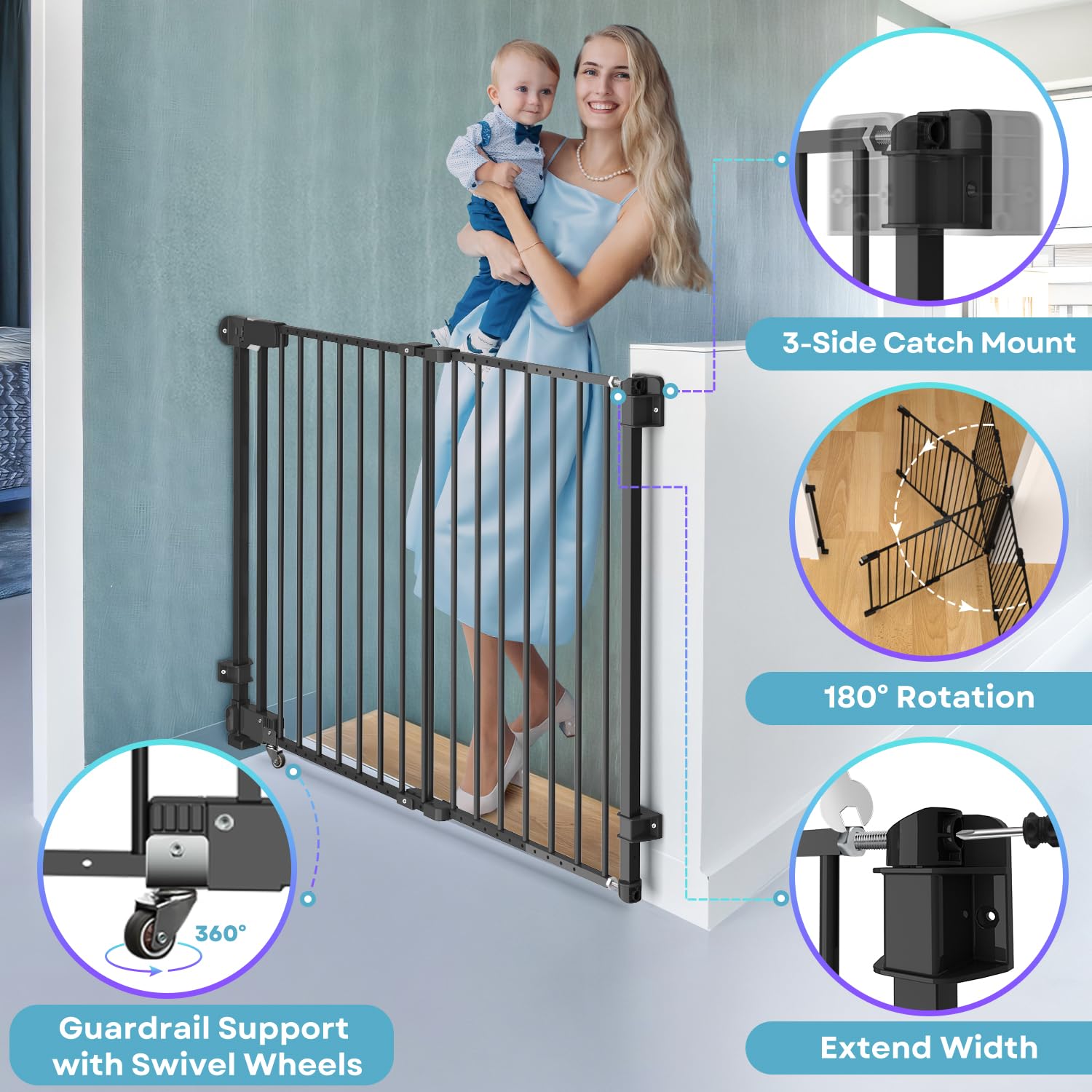HUNTEA No Bottom Bar Stair Baby Gate - Adjustable 29 to 435