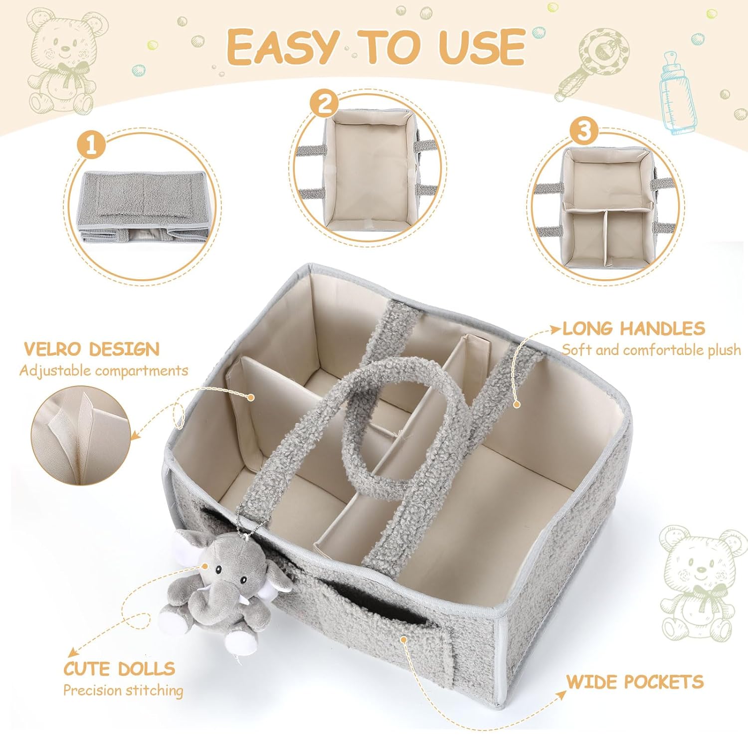 Teenyyou 2 Pcs Baby Diaper Caddy Organizers with Handle and Doll Ornament - Gray