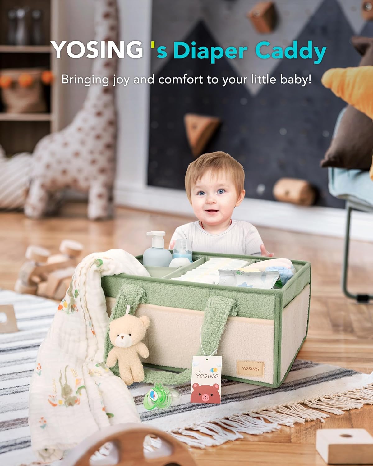 YOSING Diaper Caddy Organizer with 13 Pockets - Green and White