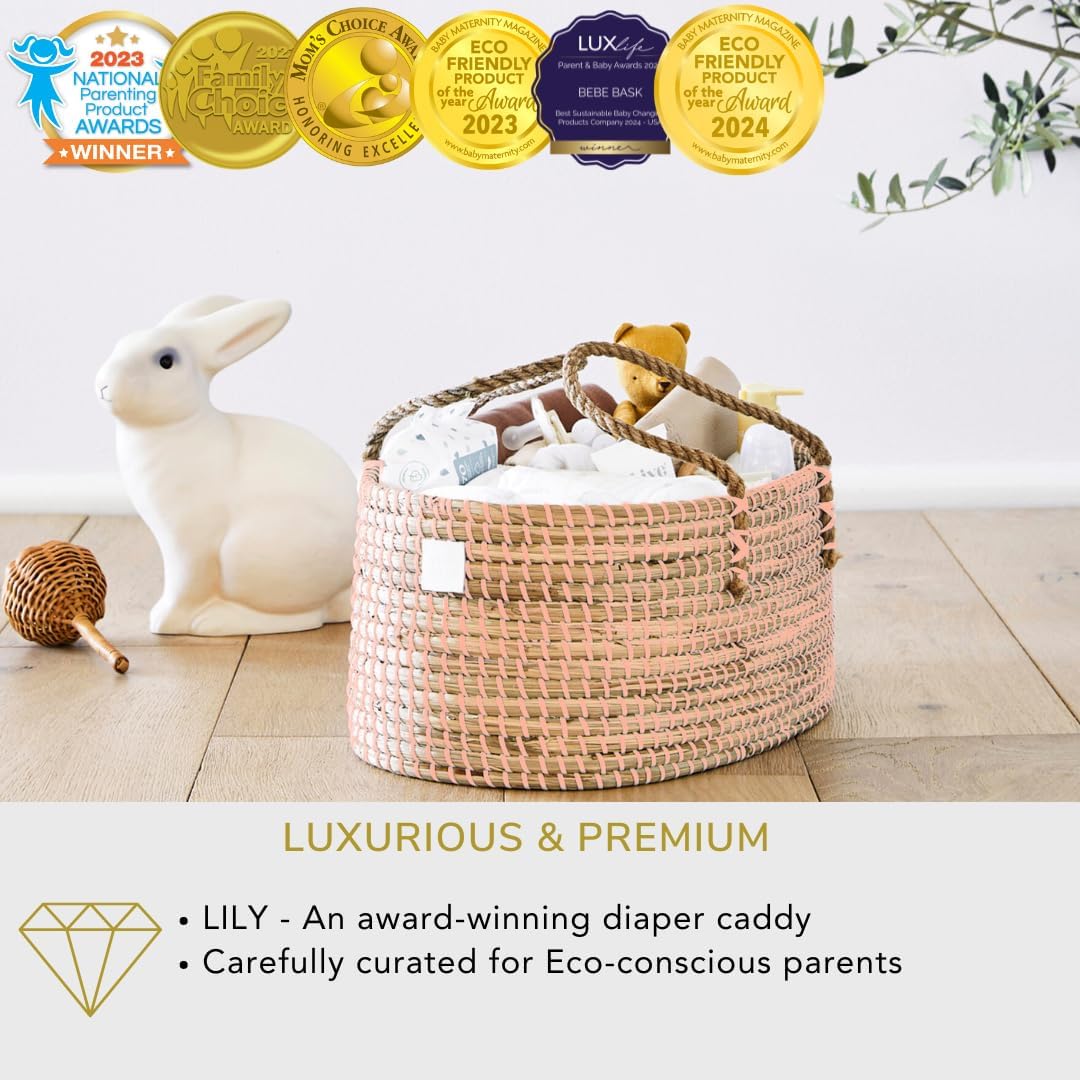 Premium Pink Baby Diaper Caddy - Handmade Seagrass Organizer