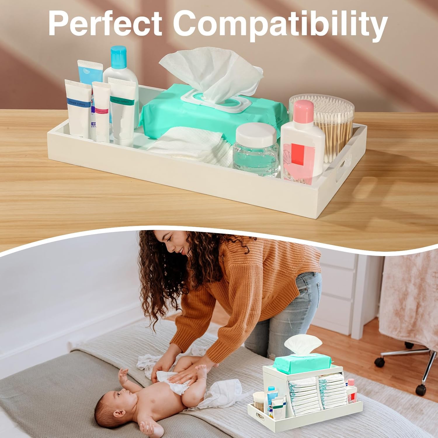 Three Colors Diaper Organizer with Wood Accents