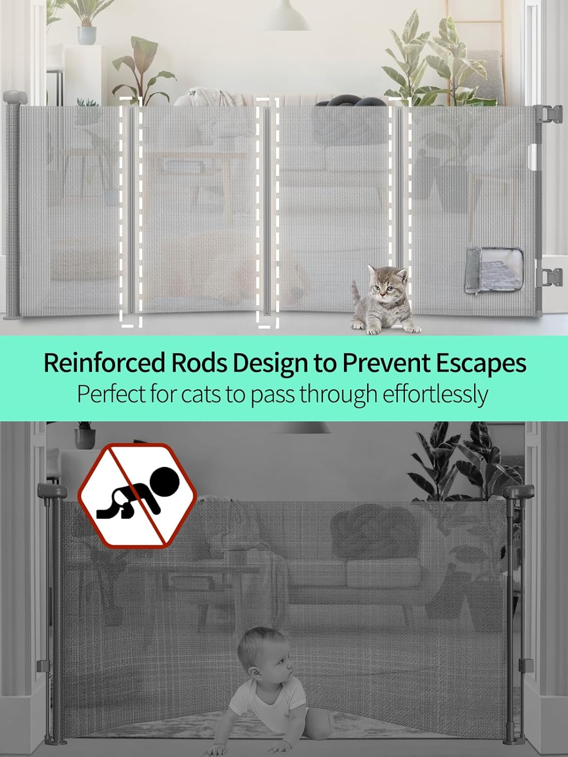 Retractable Baby Gate with Cat Door - 140 Wide 33 Tall Gray