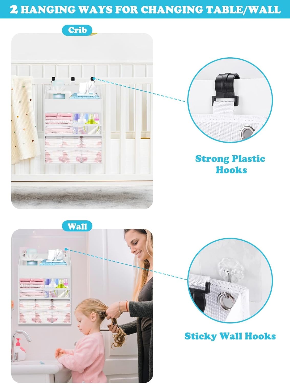 PHOTOONE Hanging Diaper Caddy Organizer - 90 Diapers Storage WhiteBeige