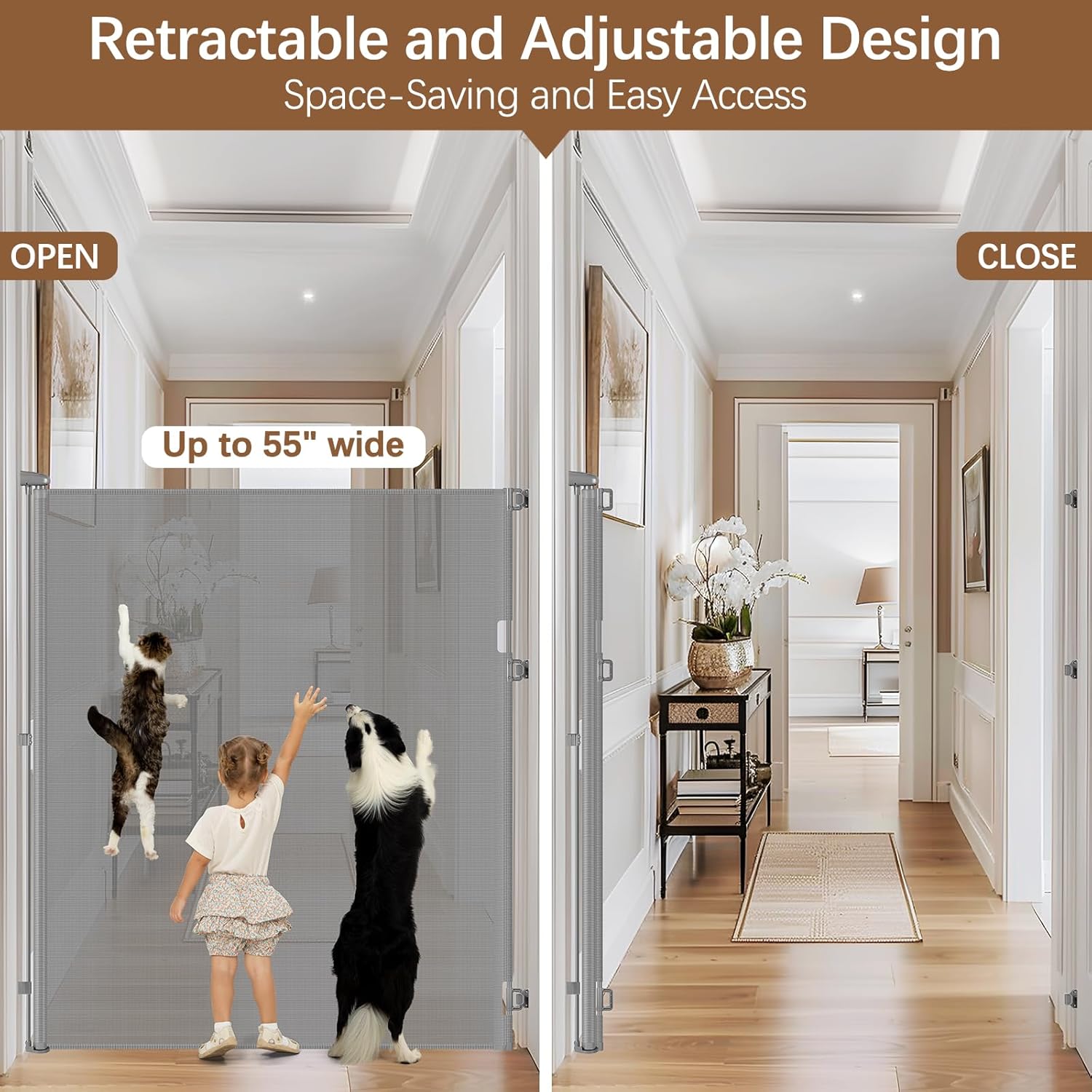 60 Inch Extra Tall Retractable Cat Gate - Gray