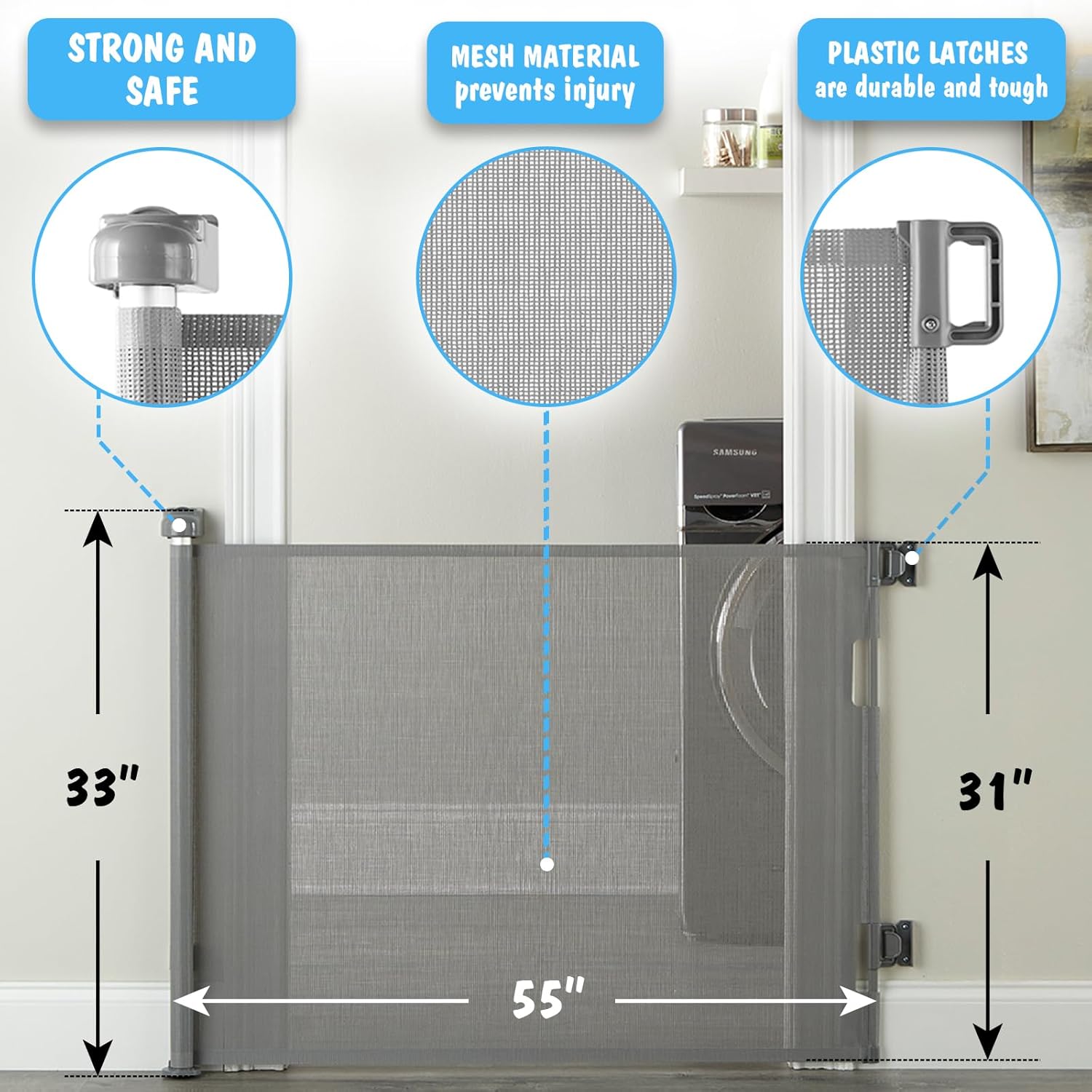 Cumbor Retractable Baby Gate 33 in Tall 55 in Wide Gray