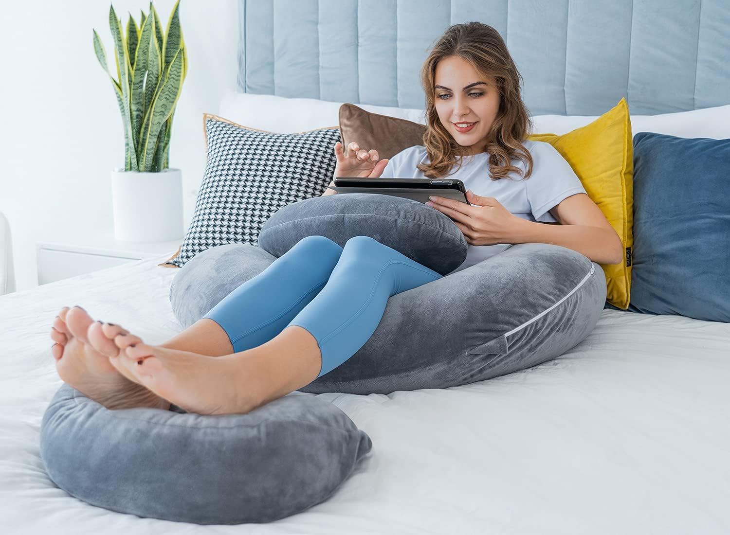 QUEEN ROSE E Shaped Pregnancy Pillow with Detachable Wedge Grey Velvet Cover 60in