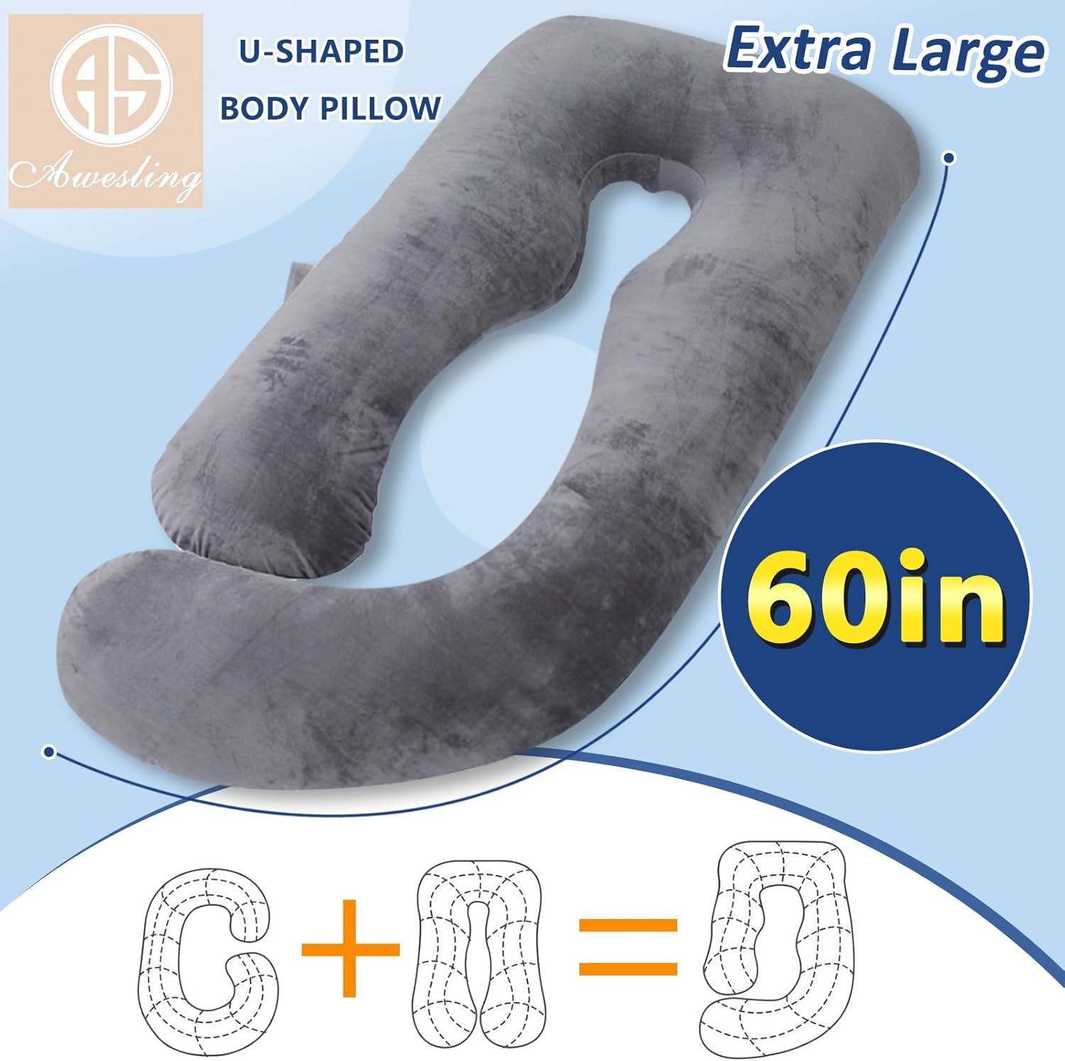 AS AWESLING Shredded Memory Foam U-Shaped Body Pillow with Velvet Cover