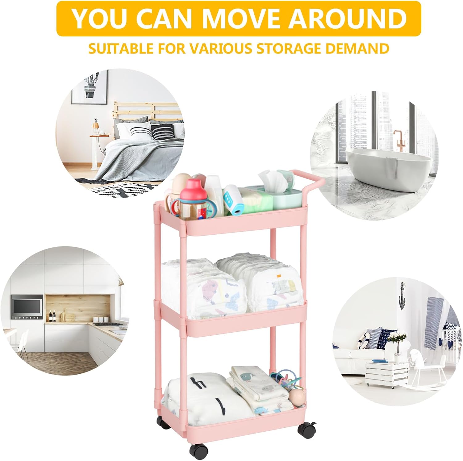 Volnamal Baby Diaper Caddy Cart - Pink Movable Easy to Assemble