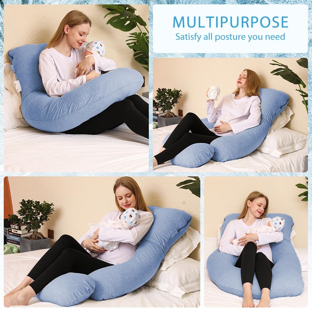 Chilling Home U-Shaped Pregnancy Pillow with Removable Cover Blue-Jersey 58 Inch