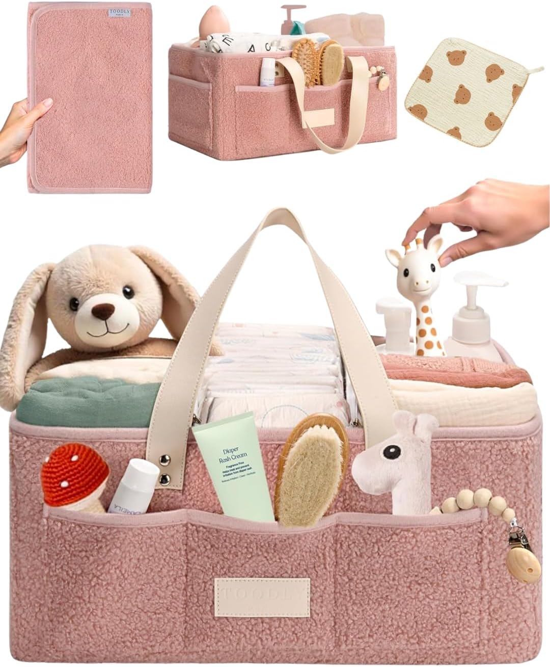 Toodly Baby Diaper Caddy with Changing Mat and Burp Cloth - Pink 1
