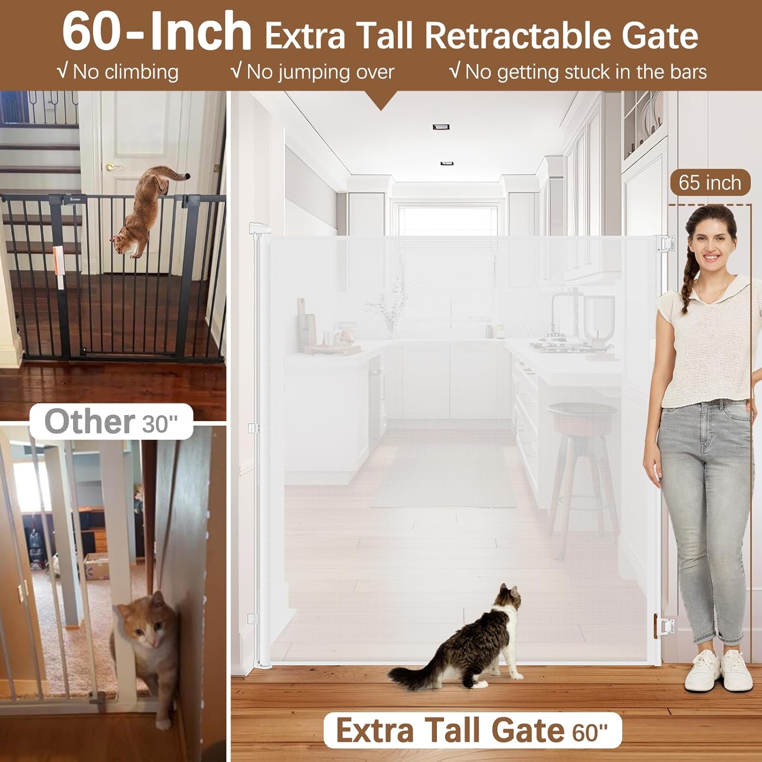 60 Inch Tall Retractable Pet Gate - Jump Proof 5ft Dog Cat Barrier