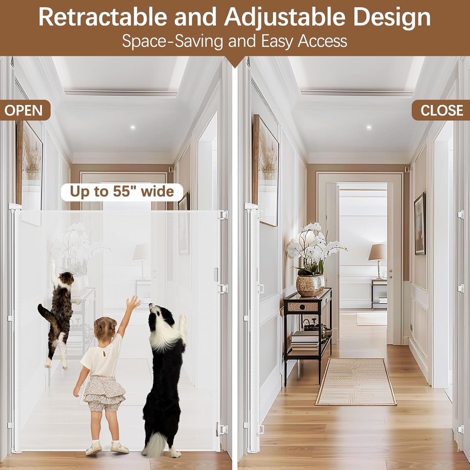 60 Inch Tall Retractable Pet Gate - Jump Proof 5ft Dog Cat Barrier