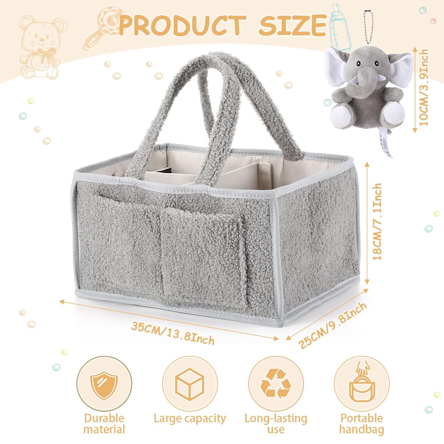 Teenyyou 2 Pcs Baby Diaper Caddy Organizers with Handle and Doll Ornament - Gray