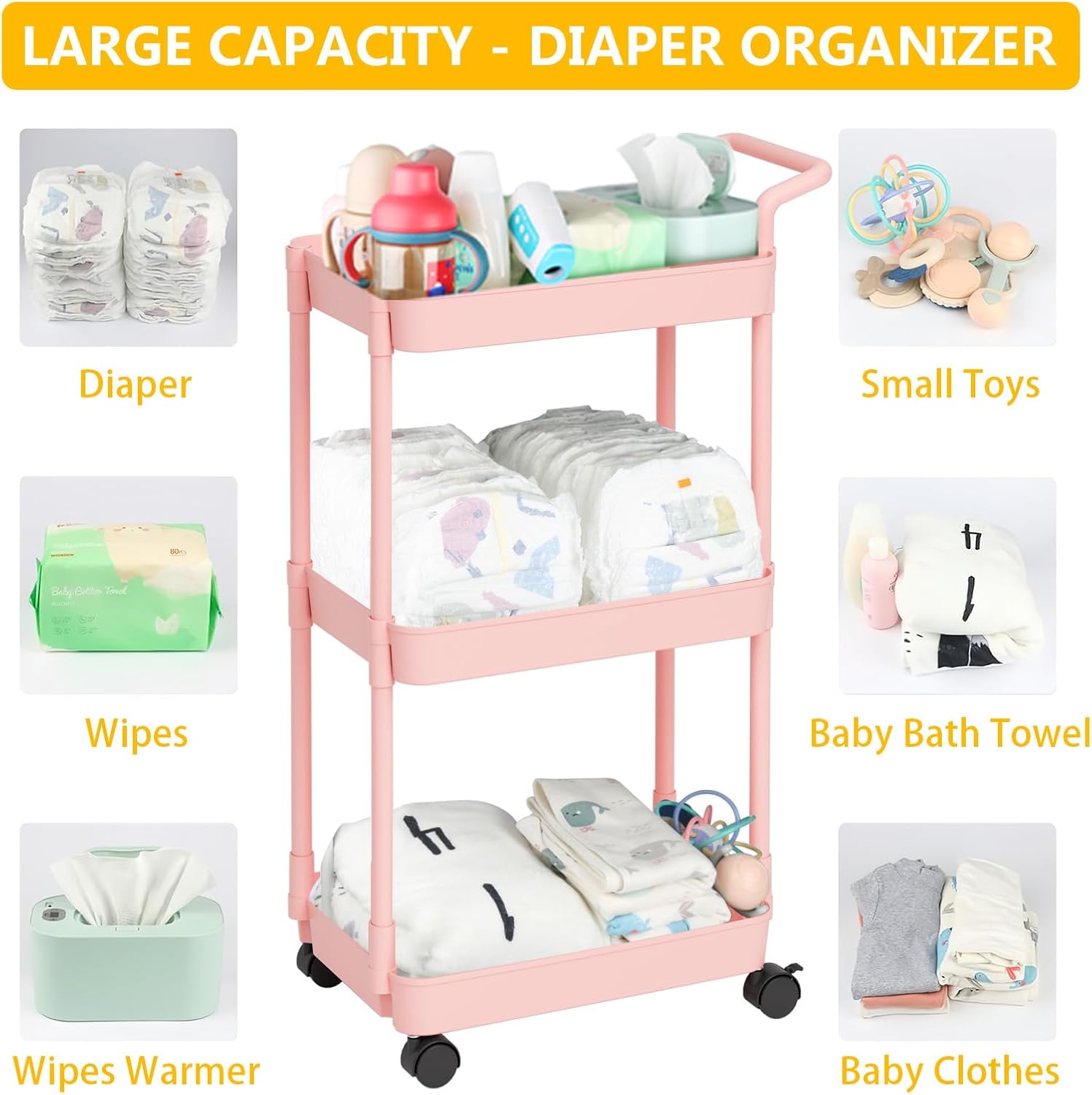 Volnamal Baby Diaper Caddy Cart - Pink Movable Easy to Assemble