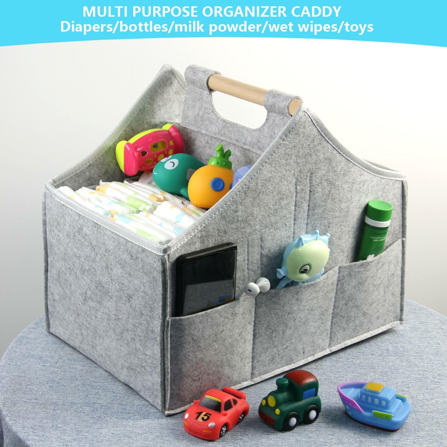Baby Diaper Caddy Organizer with Solid Wood Handle and Detachable Pockets Grey