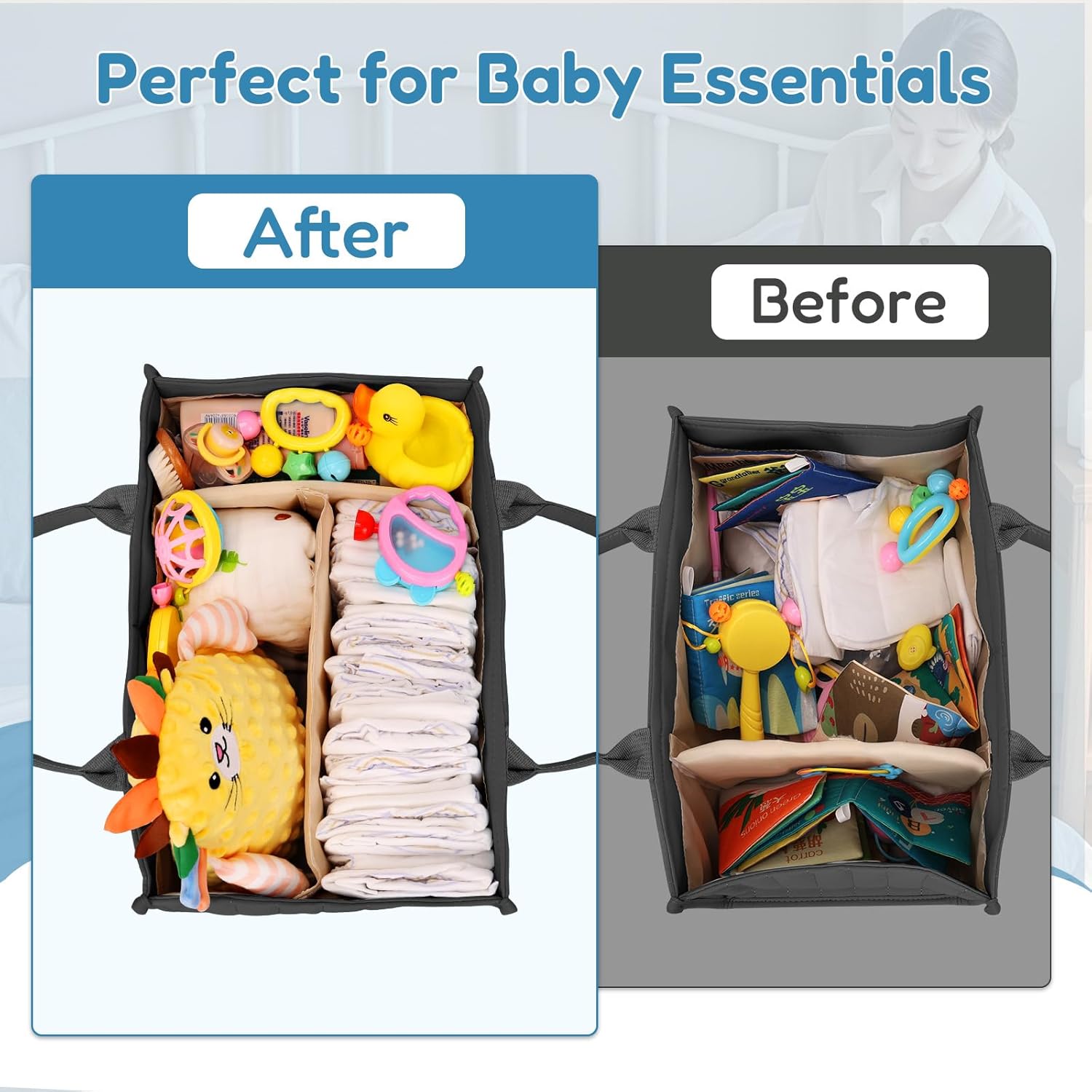 Baby Diaper Caddy Organizer with Handles - Black