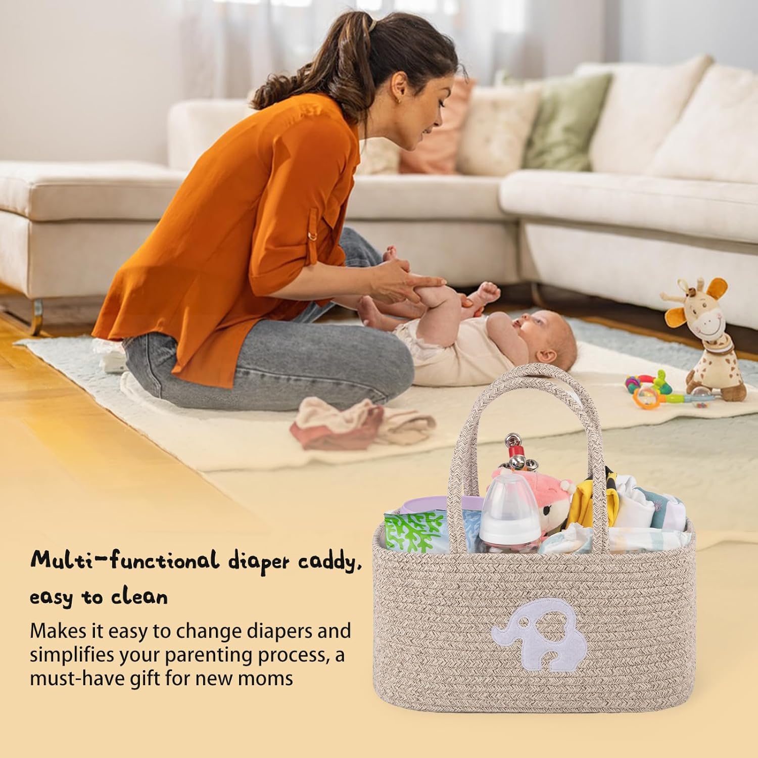 OIAHOMY Diaper Caddy Organizer - Brown Portable Baby Basket with Handles