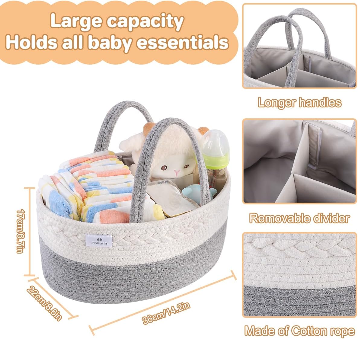 PHILORN Woven Diaper Caddy with Dividers