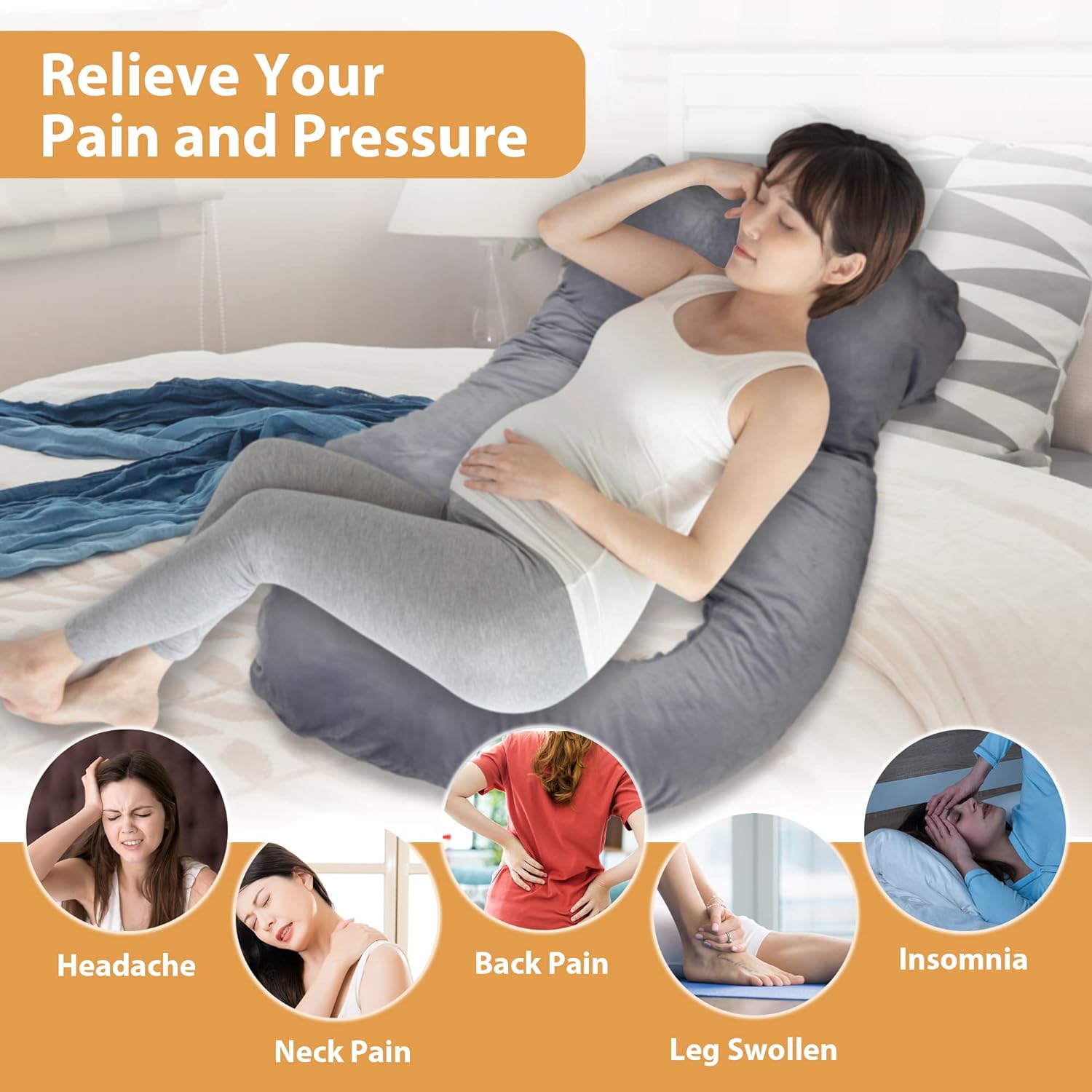 LONABR J-Shape Pregnancy Pillow with Velvet Cover