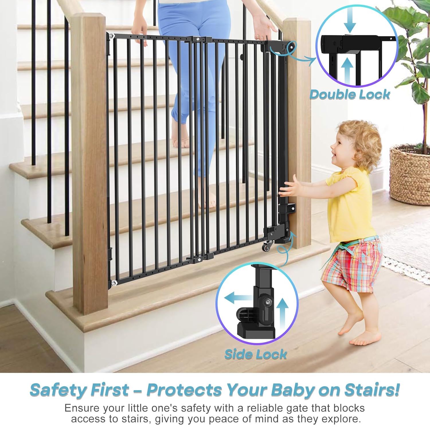 HUNTEA No Bottom Bar Stair Baby Gate - Adjustable 29 to 435