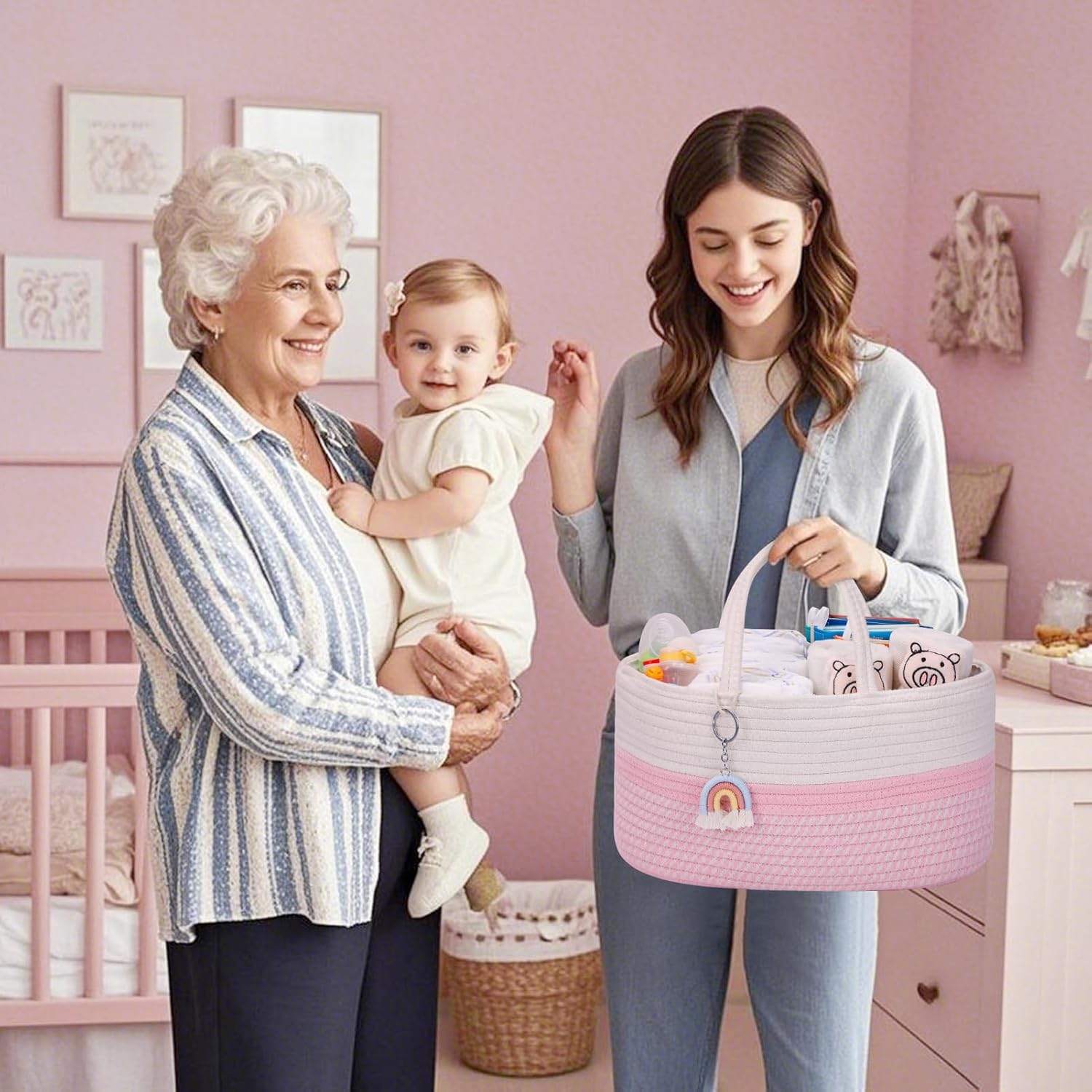 Skycase Cotton Rope Diaper Caddy Organizer Pink
