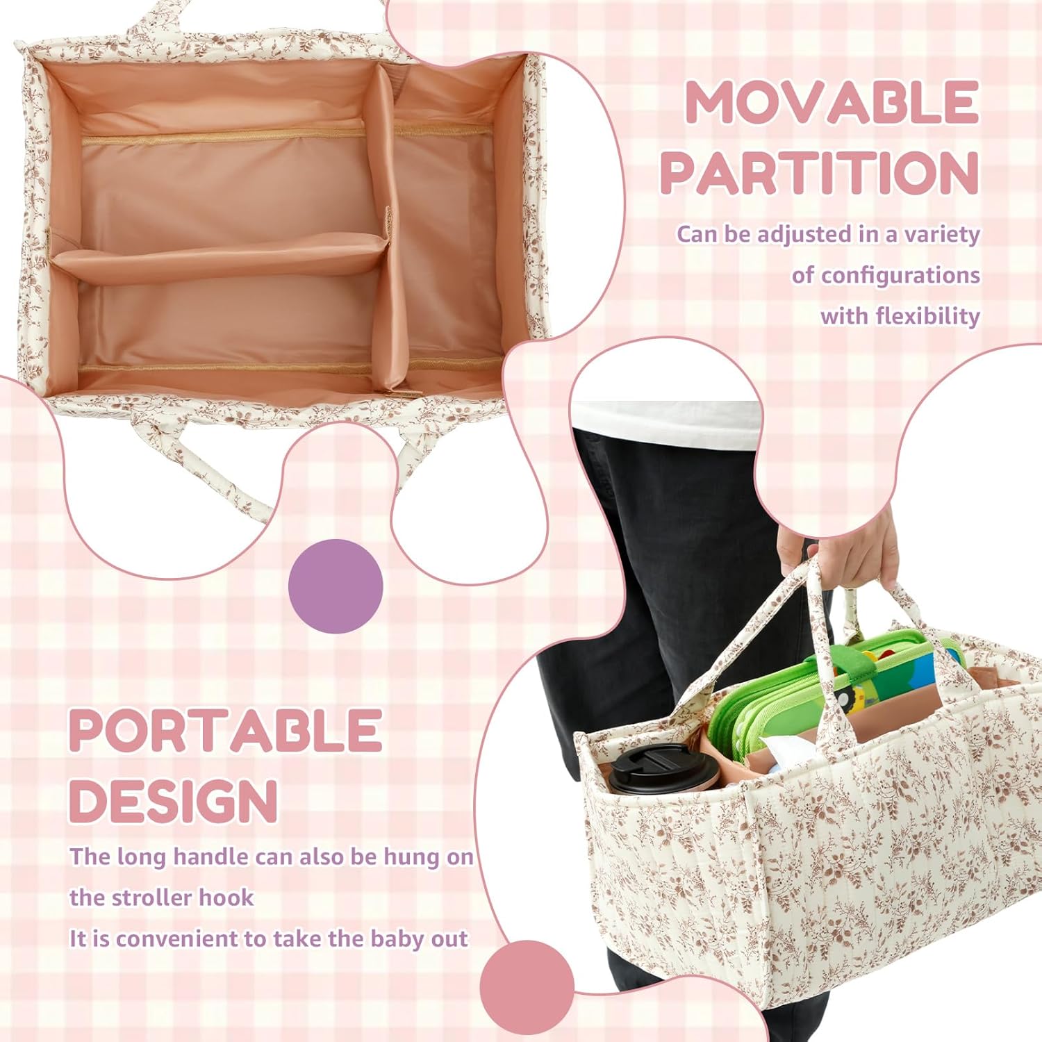 Floral Diaper Caddy Organizer with Handles and Dividers