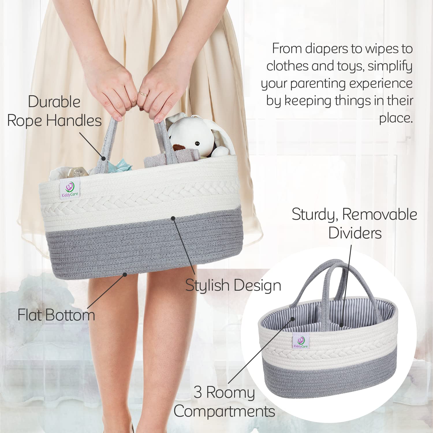 KiddyCare Woven Diaper Caddy Basket with Handle Lid