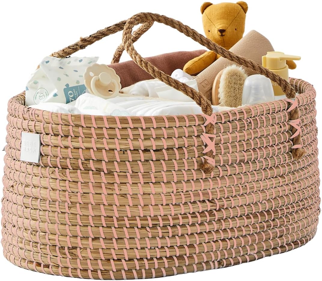 Premium Pink Baby Diaper Caddy - Handmade Seagrass Organizer