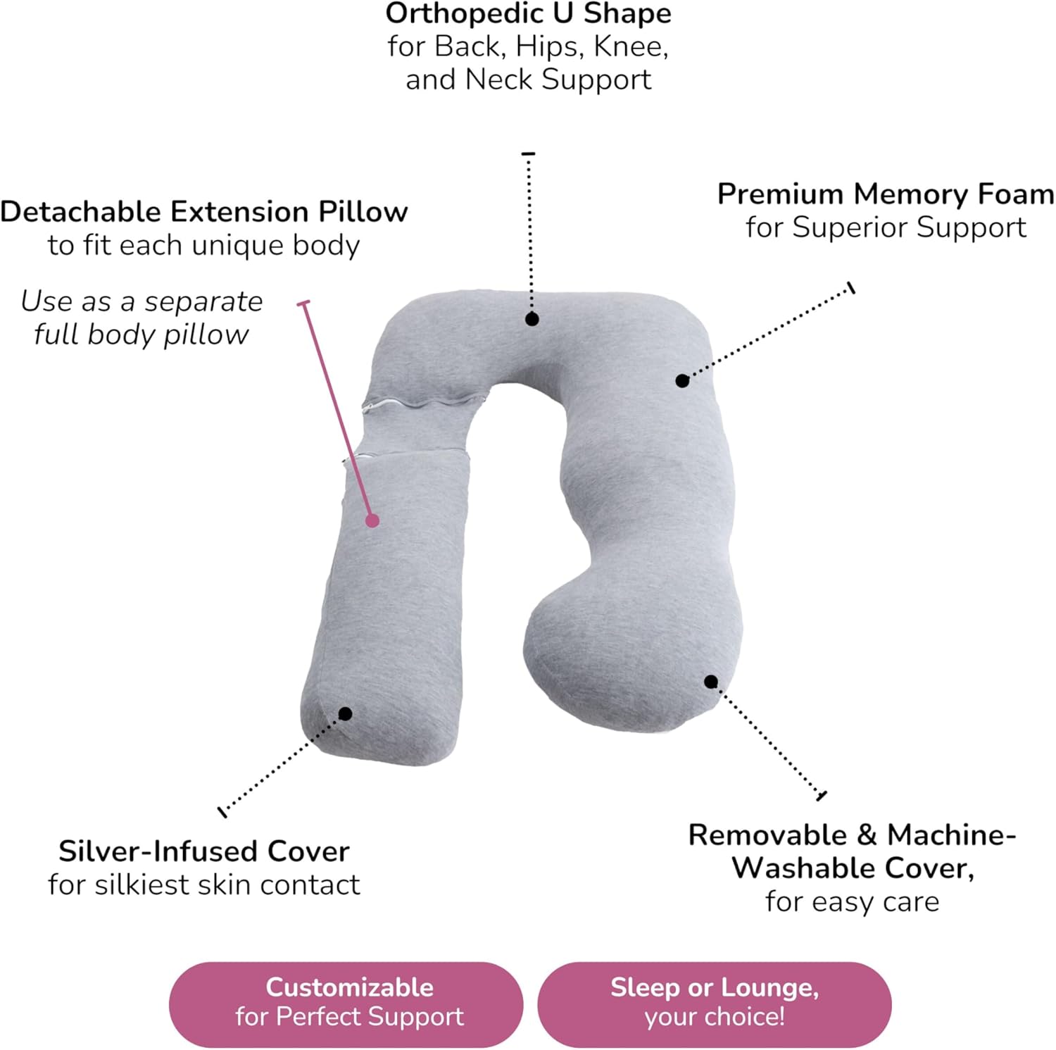 Araluna Adjustable Memory Foam Pregnancy Pillow with Bamboo Cover