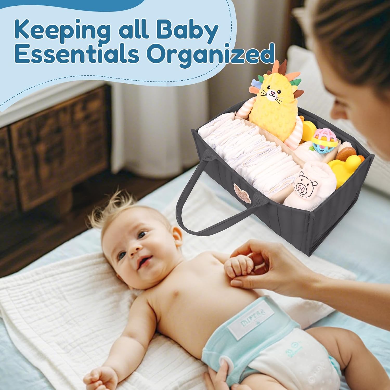 Baby Diaper Caddy Organizer with Handles - Black