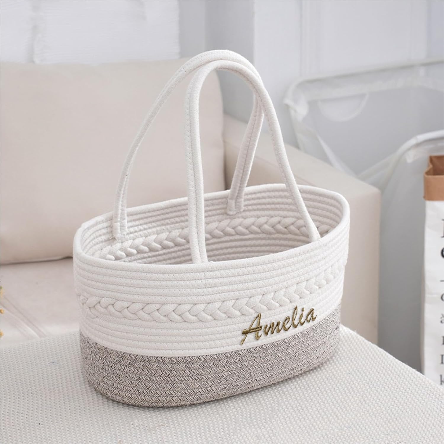 Custom Baby Name Basket with Cotton Rope Diaper Caddy 1