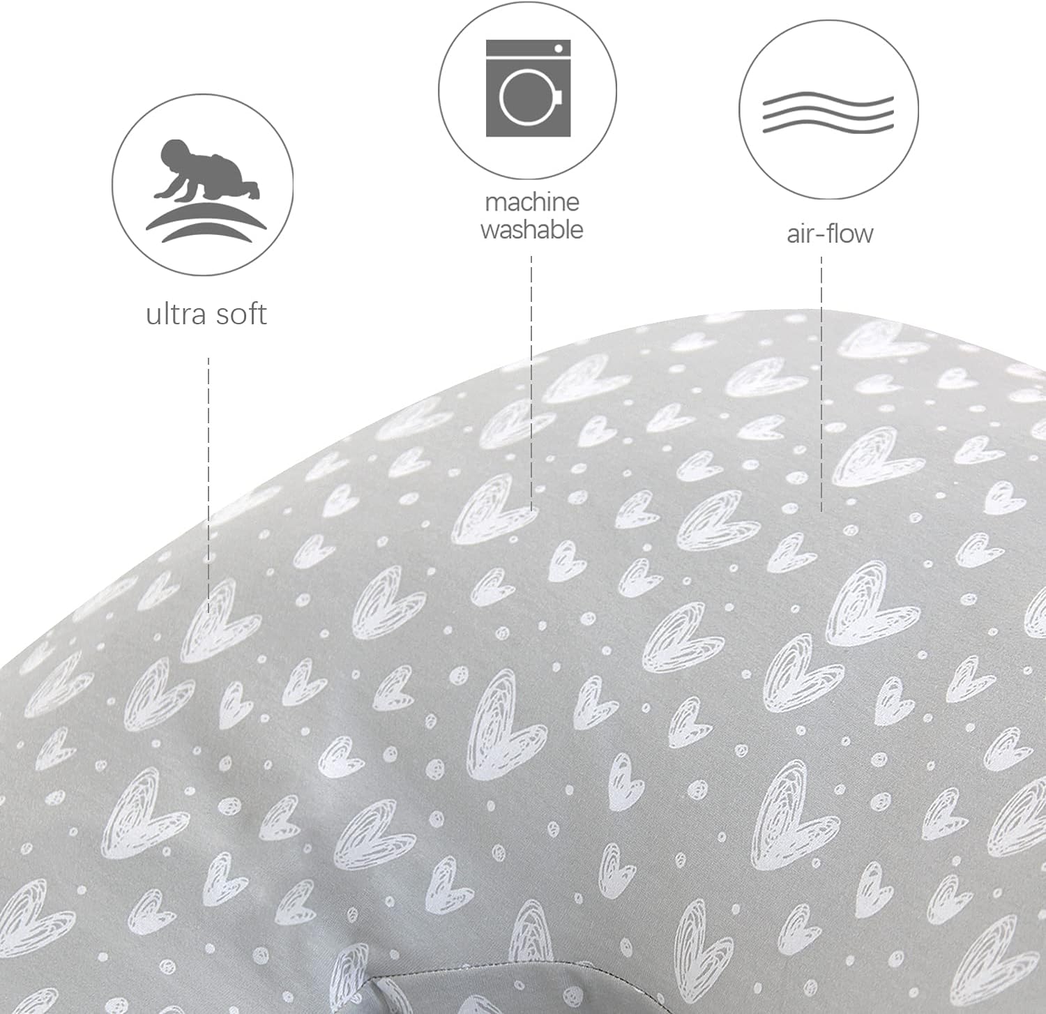 Biloban Pregnancy Pillow Cover U-Shaped Grey Hearts Print
