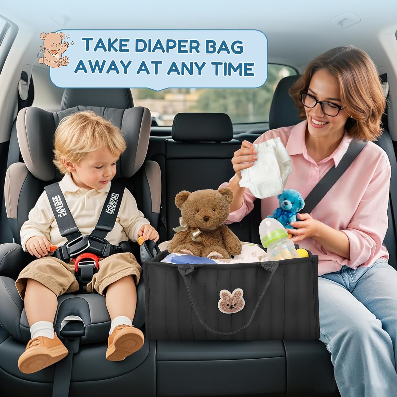 Baby Diaper Caddy Organizer with Handles - Black