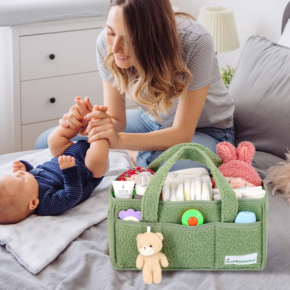 BuzzBloom Baby Teddy Diaper Caddy Organizer Sage 1