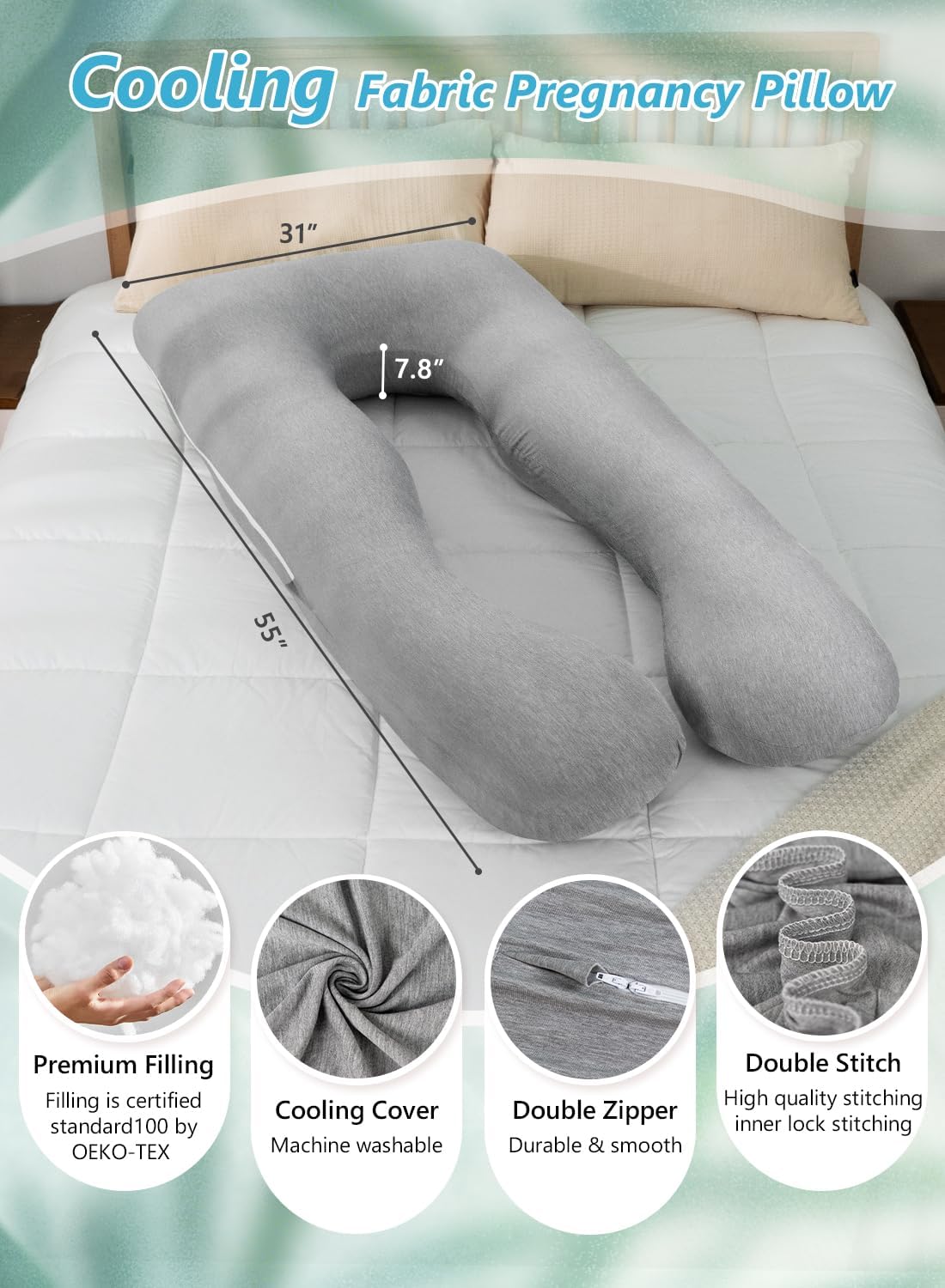 Meiz Cooling Maternity Pillow Grey 55 Inch U Shaped