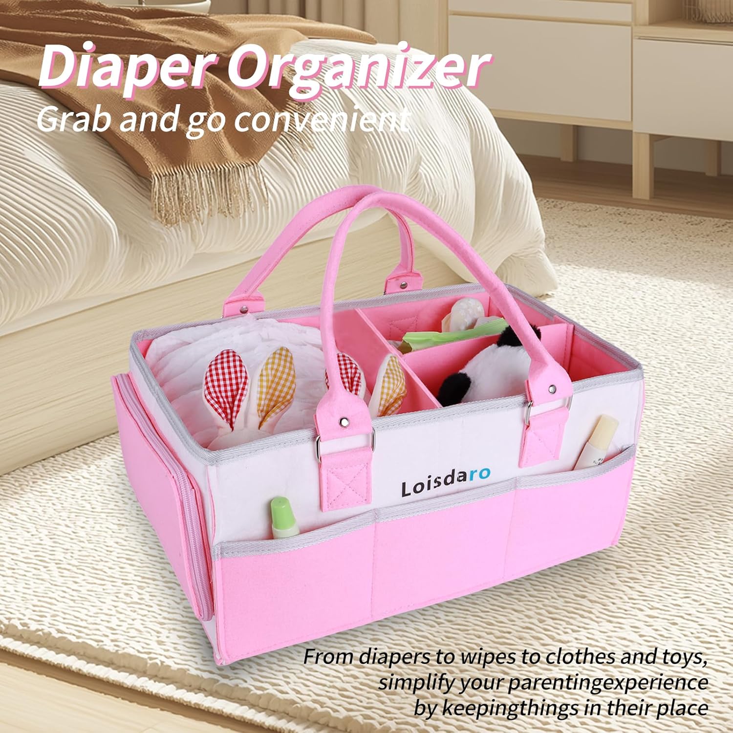 Loisdaro Baby Diaper Caddy with Handles and Dividers