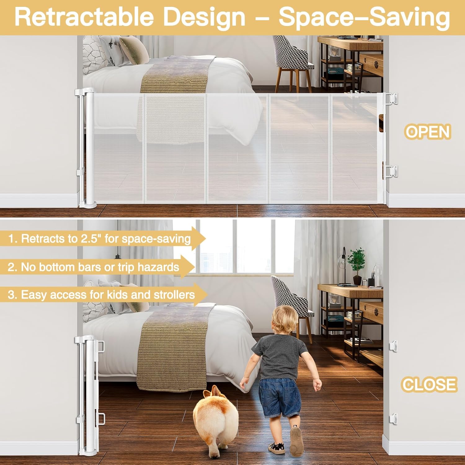 Stcockis 28 Inch Tall Retractable Dog Gate with Support Rods