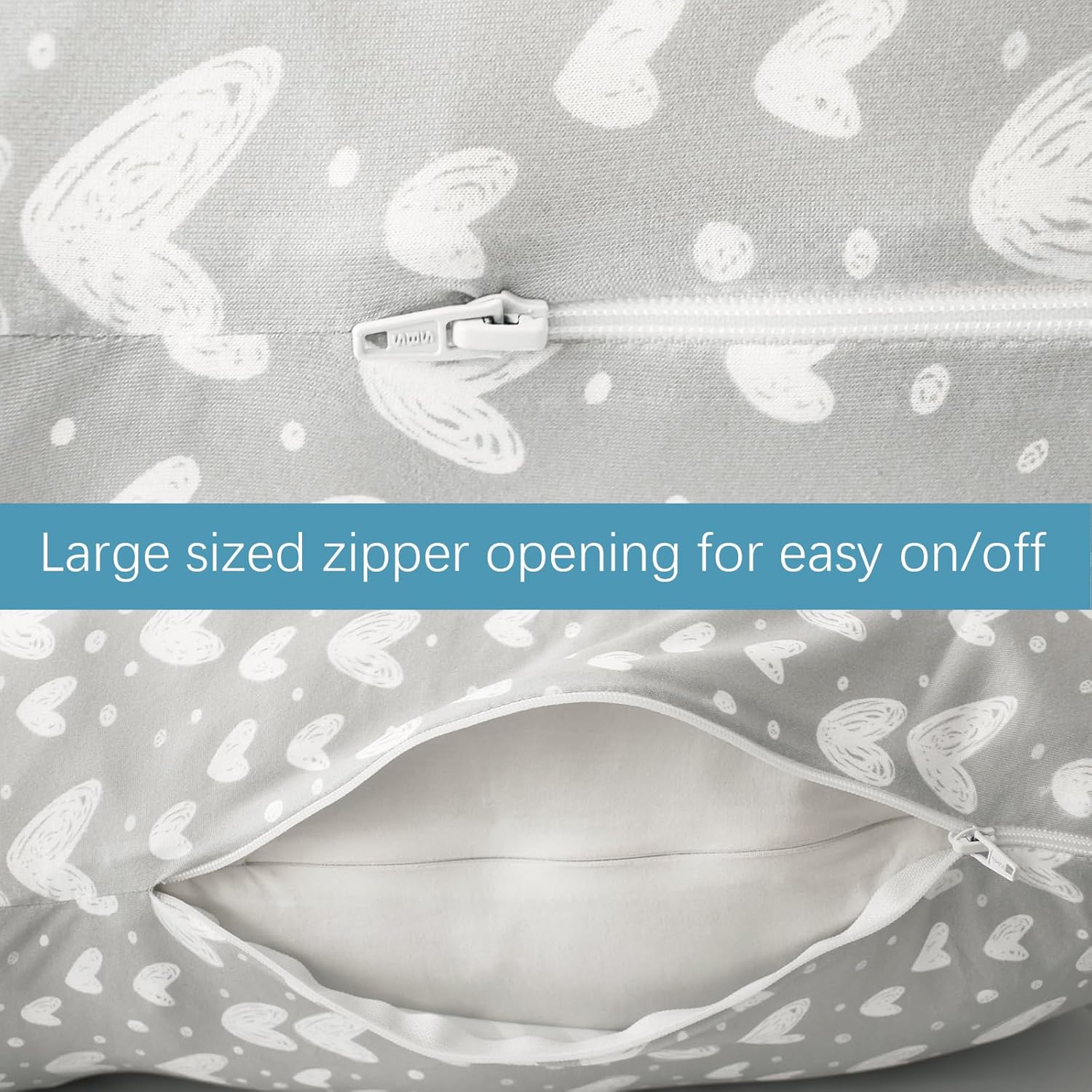 Biloban Pregnancy Pillow Cover U-Shaped Grey Hearts Print