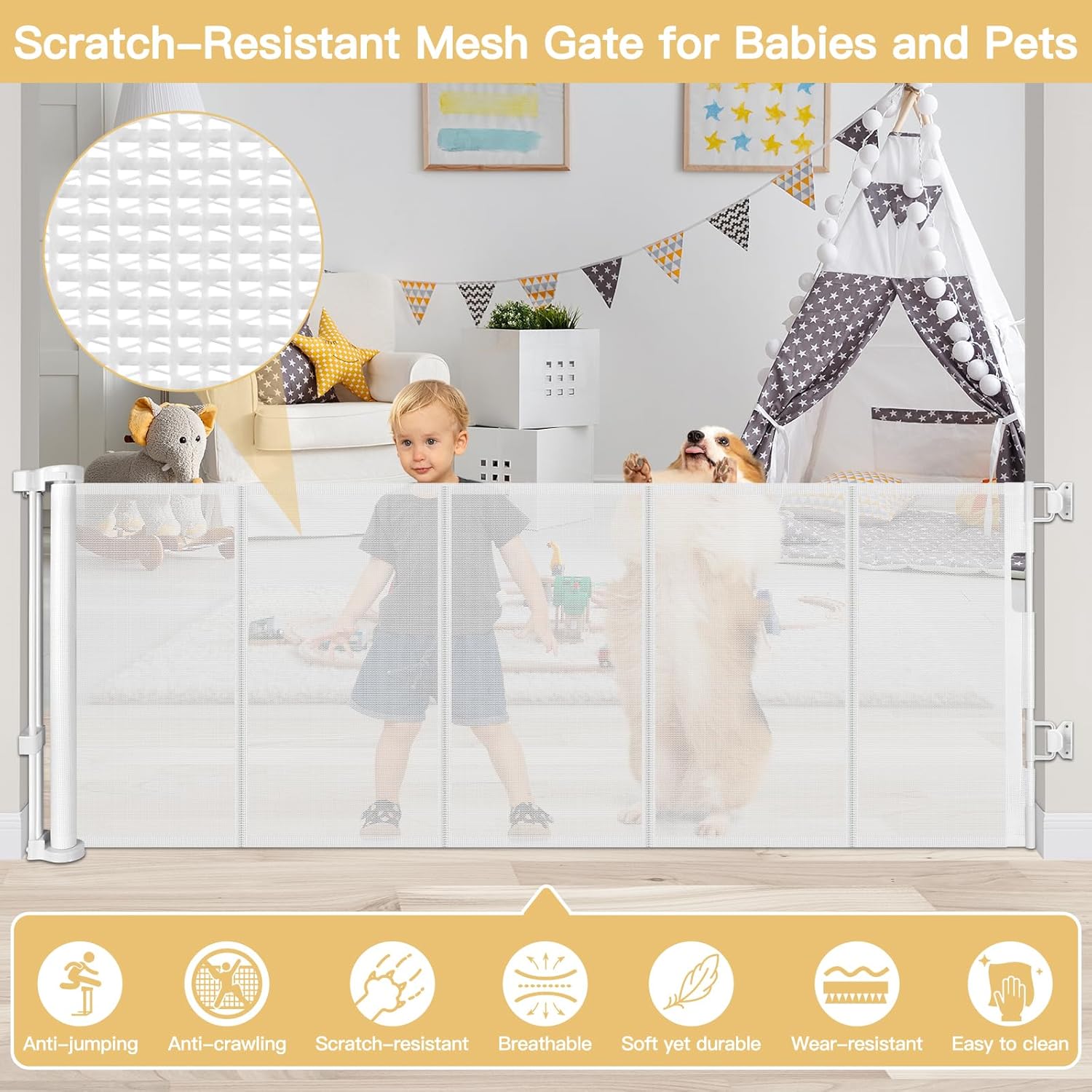 Stcockis 28 Inch Tall Retractable Dog Gate with Support Rods