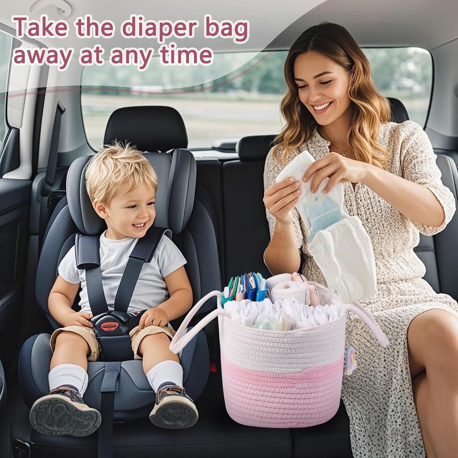Skycase Cotton Rope Diaper Caddy Organizer Pink