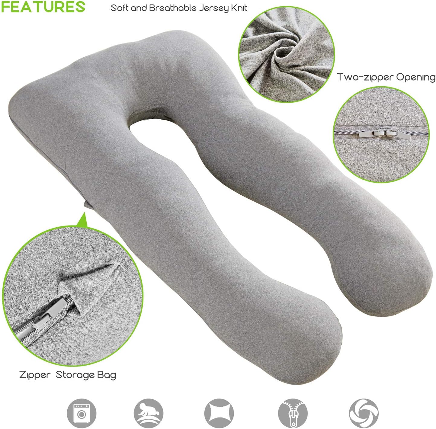 COSMOPLUS U Shaped Full Body Pillow Case for Maternity - Light Grey