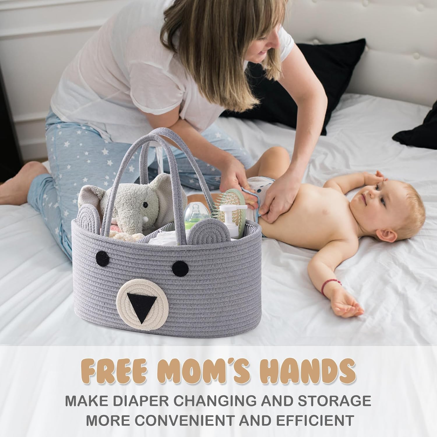 InfiBay Baby Diaper Caddy Organizer Large Bear Cotton Rope